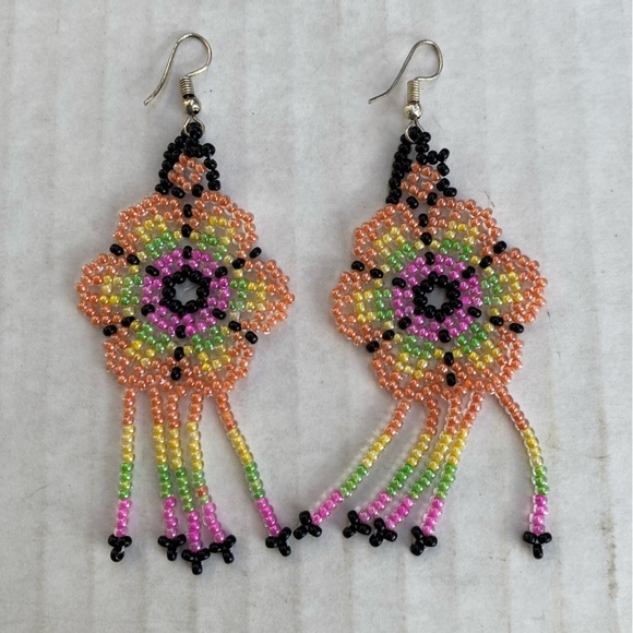 HUICHOL Jewelry - Handmade Huichol Beaded Squash Blossom Earrings NWOT